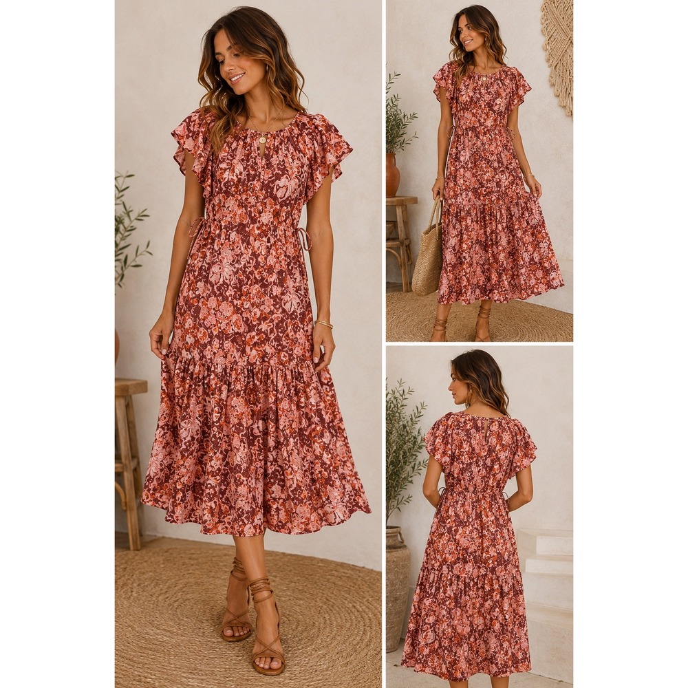 Ulla Johnson‎ Floral Midi Dress Pink Red Boho Ruffle Size 4